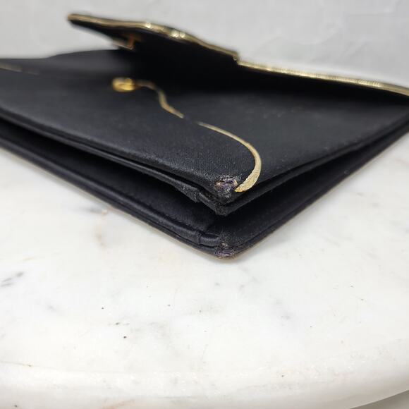 Vintage Yves Saint Laurent Silk Envelope Clutch 9" Black Gold Trim France - Picture 14 of 16